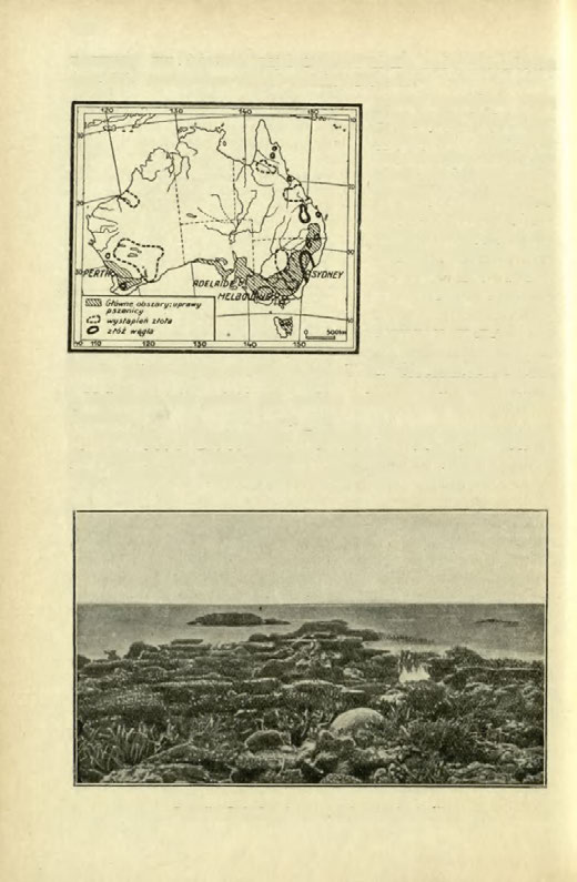 108 warzyszy mu bowiem najdłuższa na ziemi rafa koralowa (ryc. 51), zamykająca nawet cieśninę Torresa. Ryc. 50. Główne obszary gospodarcze Australji.