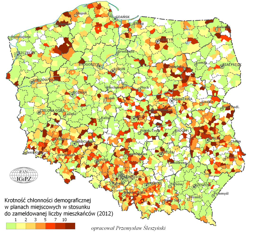 Ryc. 1. Krotność chłonności demograficznej według zapisów w planach miejscowych w stosunku do zameldowanej liczby mieszkańców (2012).