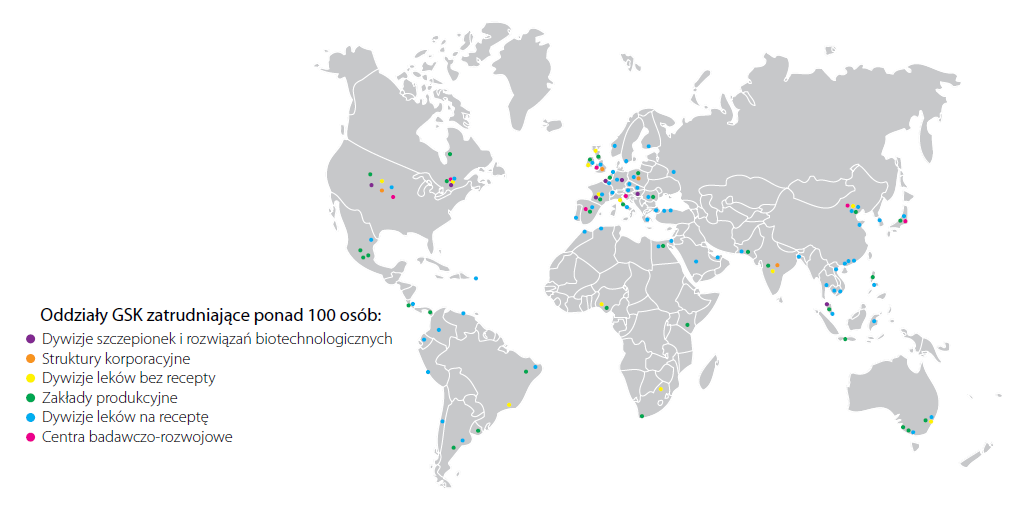 GSK na świecie Globalna firma farmaceutyczna, działająca w blisko 100 krajach 96 tys. pracowników, w tym 12 tys.
