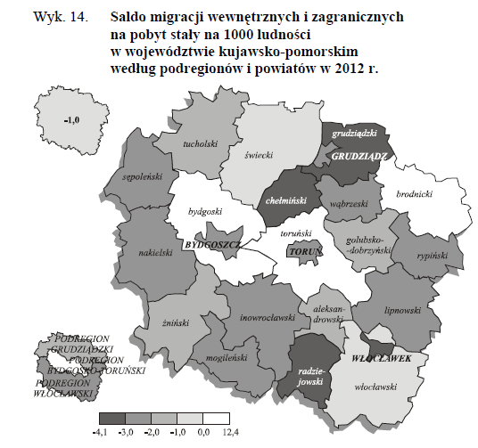 Wykres 5. Saldo migracji wewnętrznych i zagranicznych na pobyt stały na 1 000 ludności w województwie kujawsko-pomorskim według podregionów i powiatów w 2012 r.