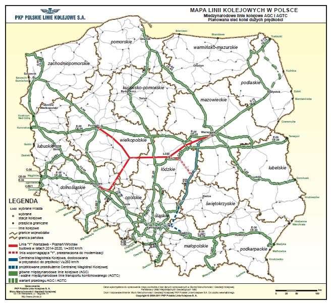 Najważniejsze linie Linia kolei dużych prędkości Y projekt linii łączącej Warszawę, Łódź, Kalisz/Ostrów Wielkopolski, Wrocław oraz Poznań. Planowana prędkość maksymalna to 350 km/h.