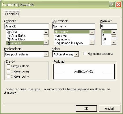 Firmy Czcionka w skoroszycie Poleceniem tym moŝesz zmienić czcionkę w całym arkuszu. Odpowiednią czcionkę wybierasz w standardowym okienku dialogowym pojawiającym się po wydaniu tego polecenia.