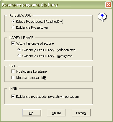 Parametry Program Poleceniem tym ustalasz parametry programu. Pola dialogu: Księgowość wybierasz odpowiednią opcję ją wskazując klawiszami (TAB i ) lub myszką, (pstrykasz w kółko obok nazwy opcji).