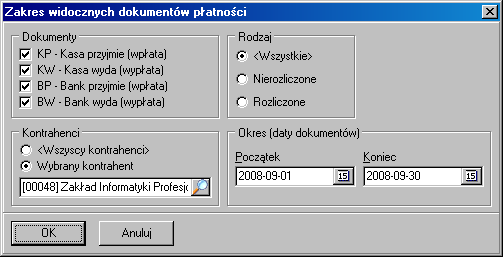 86 W powyŝszym oknie oprócz juŝ omówionych parametrów zakresu widocznych zapisów, moŝna wybrać kontrahenta (w takim przypadku widoczne będą jedynie dokumenty dotyczące wybranego kontrahenta) oraz