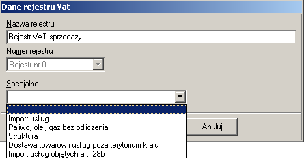 88 MoŜna zmodyfikować lub dodać nowy rejestr w kaŝdej z grup rejestrów, definiując go jako specjalny co wprowadza dodatkową klasyfikację rejestrów wykorzystywaną takŝe w deklaracji VAT.