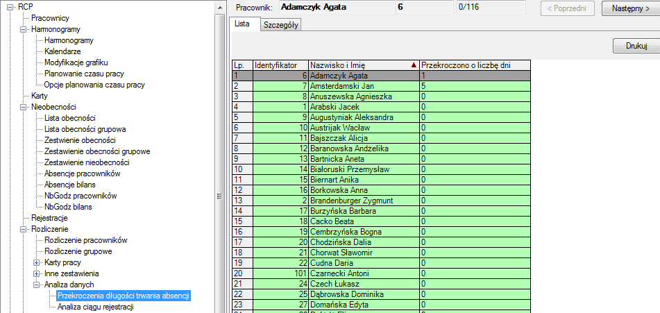 6.30 Analiza danych W module RCP na drzewku dodano nową funkcję Analiza Danych dzięki której będzie można skorzystać z zestawień dokonujących analiz. 6.30.1 Przekroczenia długości trwania absencji Przy Absencjach z ustawionymi limitami będą pokazywane przekroczenia długości ich trwania.