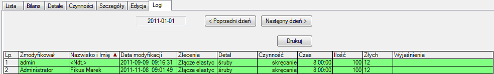 dnia, a nie dla poszczególnego zlecenia. Numery zleceń, detali i czynności można wybierać z listy lub wpisywać z klawiatury, a ilości tylko z klawiatury wejścia w edycję Enter, zatwierdzenie Enter.