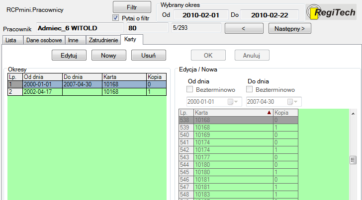 6. SR-RegiTech - RCPmini SR-RegiTech - Instrukcja użytkownika 7.1.4 Pracownicy Zatrudnienie Rys.