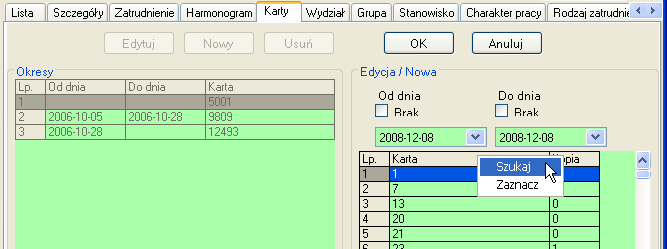 6. SR-RegiTech - RCPmini SR-RegiTech - Instrukcja użytkownika Pracownikom można przypisywać jedynie karty, które zostały wcześniej dodane do systemu, karty te widoczne są po prawej stronie na liście.