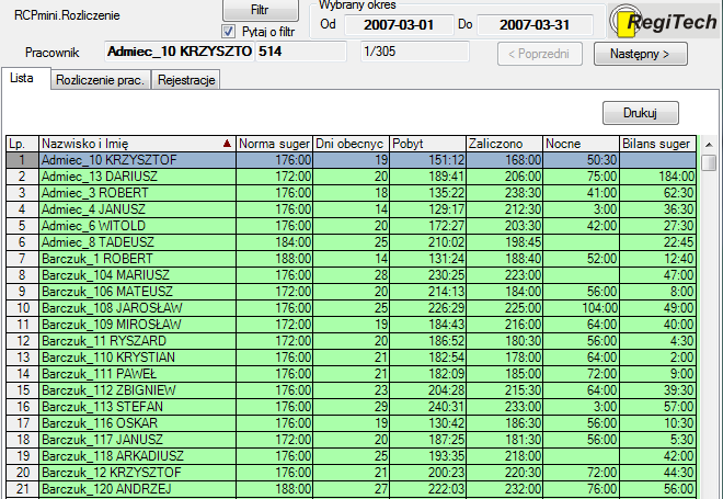 6. SR-RegiTech - RCPmini SR-RegiTech - Instrukcja użytkownika 7.4 Rozliczenie Rozliczenie (pracowników) jest główną i najważniejszą funkcja modułu RCPmini.