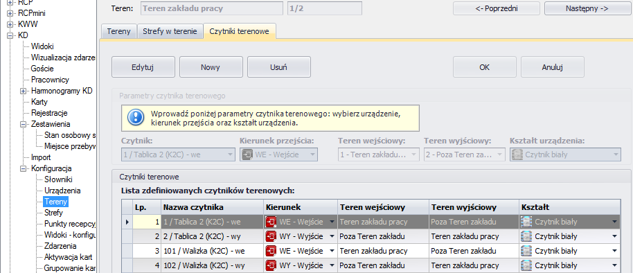 SR-RegiTech KD SR-RegiTech - Instrukcja użytkownika 9.11.3 Tereny Czytniki terenowe Aby kontrola Terenów była poprawna wszystkie czytniki muszą mieć określony kierunek przejścia przy obiciu.