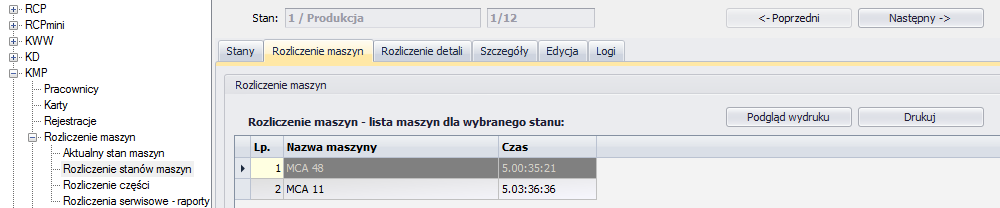 SR-RegiTech KWP SR-RegiTech - Instrukcja użytkownika 10.4.1 Stany Rys.271 Rozliczenie stanów produkcyjnych stany 10.4.2 Rozliczenie maszyn Pełne zestawienie maszyn ze słowników wraz z zsumowanym czasem pracy za okres w wybranym stanie z poprzedniej zakładki.