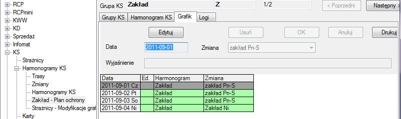 8. SR-RegiTech KS SR-RegiTech - Instrukcja użytkownika 13.5.1 Harmonogram KS Z tej pozycji możemy wybranej grupie strażników przypisać s z listy stworzony wcześniej harmonogram. Rys.