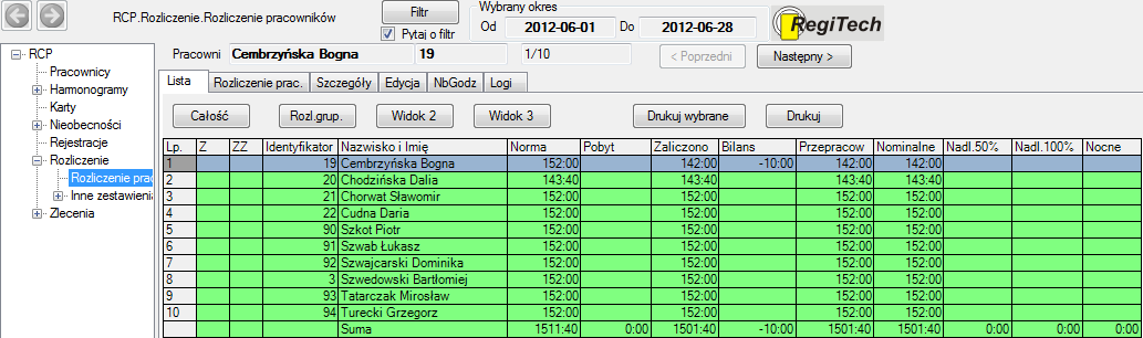 8. SR-RegiTech KS SR-RegiTech - Instrukcja użytkownika Za pomocą tego klawisza możemy usunąć wcześniej wprowadzone edycje. Widok planu możemy zmienić zaznaczając jedynie godziny Obow.od oraz Obow.do. Wprowadzony plan możemy drukować bezpośrednio z programu.