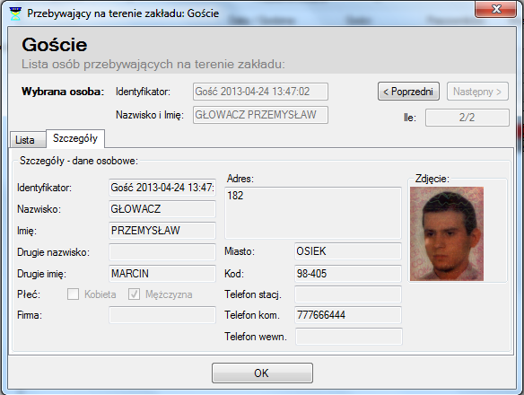 8. SR-RegiTech KS SR-RegiTech - Instrukcja użytkownika W zakładce szczegóły zobaczymy dane gościa oraz jego zdjęcie.