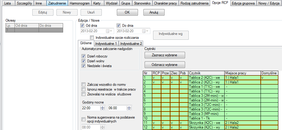 Jeżeli będziemy chcieli wpisać okres, który nakłada się na już istniejący, program sam odpowiednio zmodyfikuje daty przypisania istniejącego okresu. 6.1.12 Pracownicy Opcje RCP Rys.