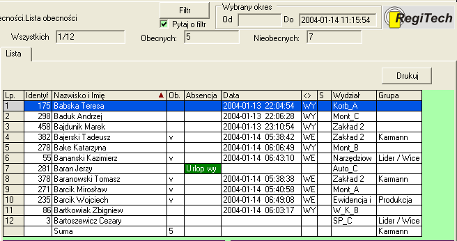 6.7 Lista obecności Lista obecności na dany moment kto w wybranym momencie pracuje (miał rejestrację wejściową na swoim czytniku RCP), a kto nie. Pracowników do zestawienia można dowolnie filtrować.