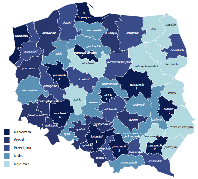 Rysunek 7. Atrakcyjność inwestycyjna podregionów dla działalności usługowej w 2013 roku Źródło: Atrakcyjność inwestycyjna województw i podregionów Polski 2013, IBnGR Rysunek 8.