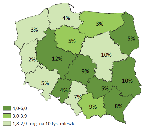 Mapa 4. Rozmieszczenie terytorialne ochotniczych straży pożarnych. 20 Jeśli wziąd pod uwagę liczbę mieszkaoców poszczególnych województw to najzasobniejsze w ten rodzaj stowarzyszeo okazuje się woj.