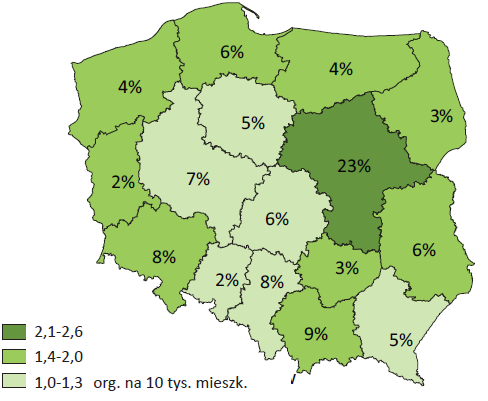 (20%), chod większośd stanowiły stowarzyszenia i podobne organizacje społeczne. Również większa niż w całej zbiorowości częśd jednostek posiadała status OPP (14%). Mapa 7.