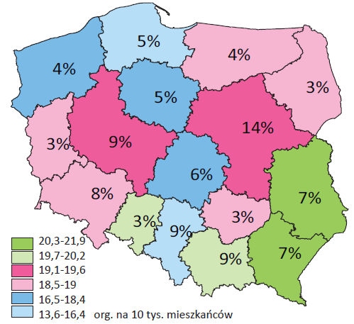 Biorąc pod uwagę liczbę mieszkaoców Polski - na 10 tys. osób przypadało 18,6 ww. organizacji, w tym 1,5 fundacji oraz 17,1 stowarzyszeo i podobnych organizacji społecznych.