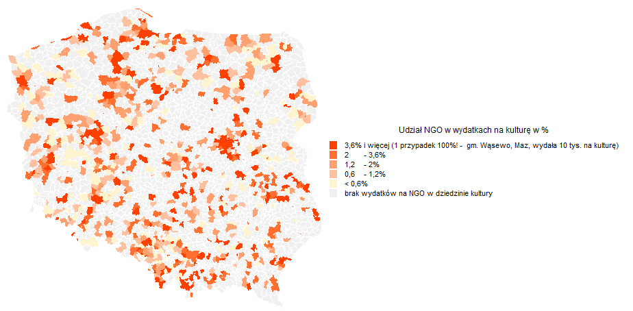 Mapa IV.1 Udział wydatków na organizacje kulturalne w całości wydatków JST na organizacje Ze względu na dużą zmienność wskaźnika i jego nieoczywistą interpretację (np.