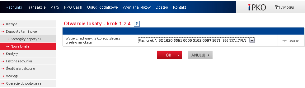 3.3. DEPOZYTY TERMINOWE W podmenu Depozyty terminowe prezentowana jest lista wszystkich depozytów terminowych dostępnych w ramach usług bankowości elektronicznej. Informacje obejmują m.in.: nazwę lokaty/depozytu automatycznego, aktualne saldo księgowe oraz walutę.