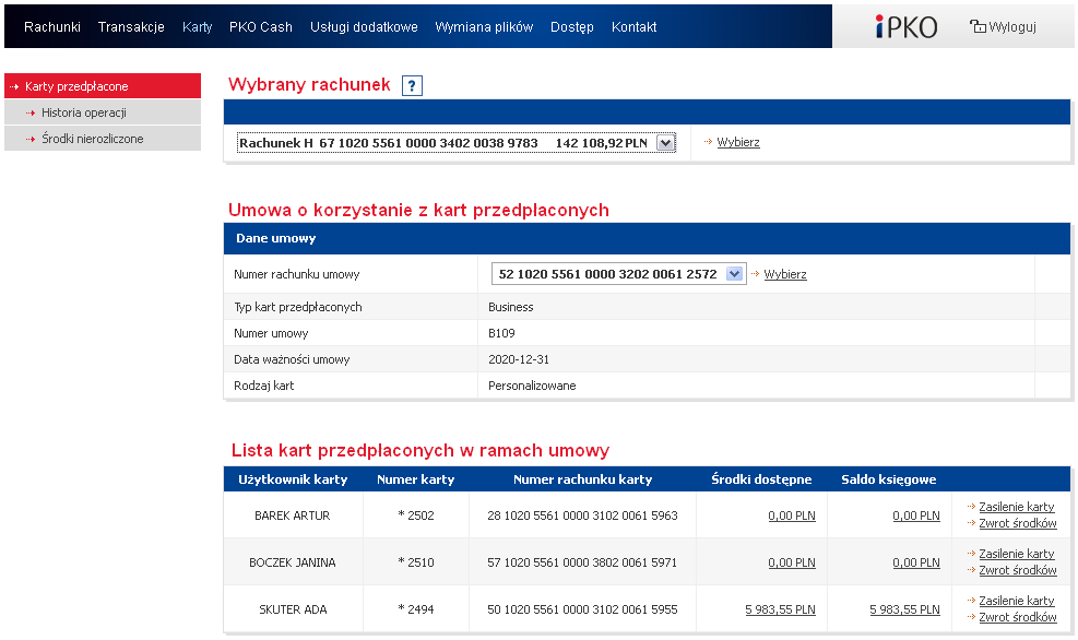 5.3. KARTY PRZEDPŁACONE Moduł kart przedpłaconych w ipko biznes pozwala na: prezentowanie informacji na temat umowy o korzystanie z kart przedpłaconych, przegląd historii operacji oraz środków