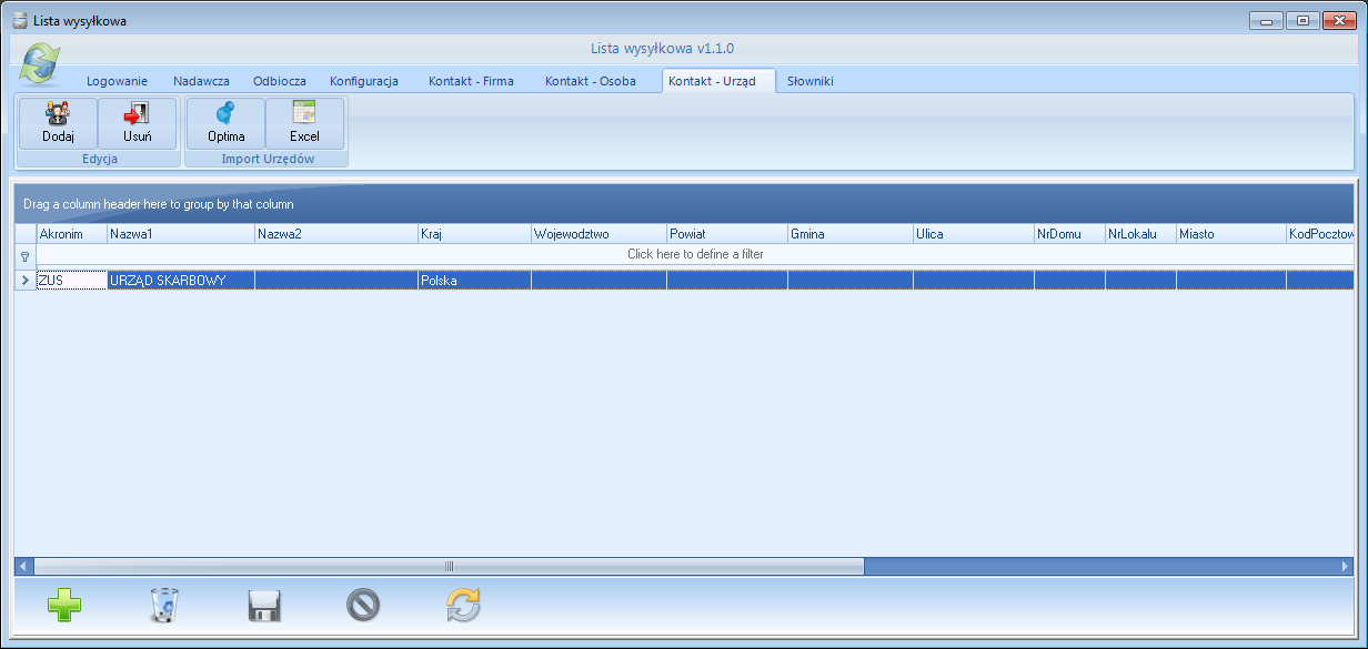 7. Kontakt Urząd Na zakładce Kontakt urząd znajduje się lista urzędów: W celu dodania nowego urzędu należy kliknąć ikonę plusa.