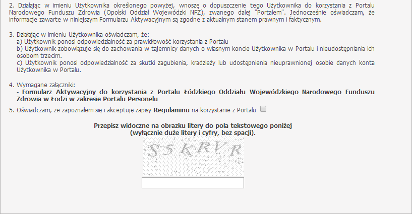 Rysunek 2-8 Przykładowe okno Formularza Aktywacyjnego Personelu Bezpośrednio z formularza można pobrać umowę na korzystanie z Portalu personelu oraz regulamin korzystania z portalu.