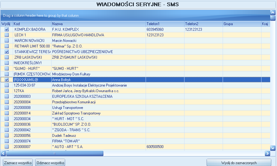 Wybieramy kontrahenta do których chcemy wysłać wiadomość i klikamy. Aby wysyłać seryjnie SMS należy przycisnąć guzik.