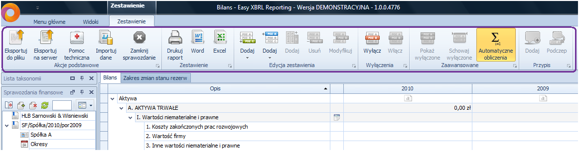 Rysunek 15. Interfejs pole Pozycja zwinięte/rozwinięte. - Zestawienie (Rys. 16) menu funkcji przeznaczonych do tworzenia sprawozdao finansowych.