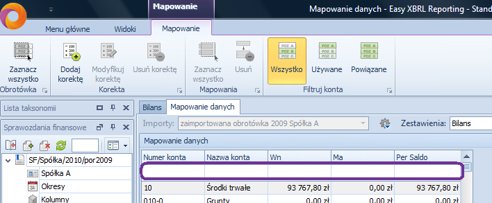 Rysunek 38. Proces mapowania przypisanie konta obrotówki do pozycji w zestawieniu. Program umożliwia mapowanie kilku kont jednocześnie.