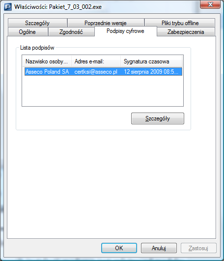 Do weryfikowania poprawno6ci podpisu cyfrowego oraz autentyczno6ci danego programu su+y certyfikat wydany przez Centrum Certyfikacji producentowi oprogramowania Asseco Poland SA.