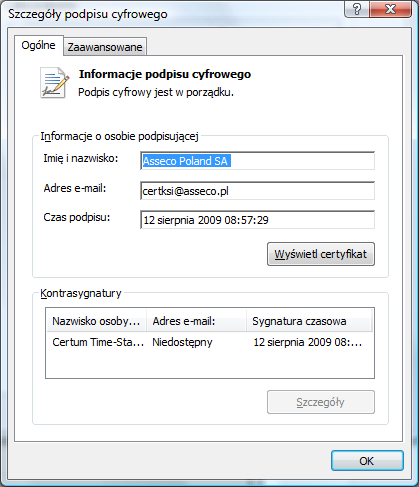 Rysunek 155. Weryfikacja podpisu zakadka Podpisy cyfrowe 4. Zaznacz podpis Asseco Poland SA na li6cie podpisów i kliknij przycisk Szczegóy. 5.