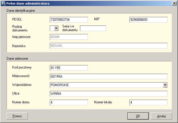 Rysunek 68 Okno dialogowe: Pene dane administratora 5.2.2 Dodawanie u9ytkowników Zakadanie kont dla nowych u+ytkowników jest mo+liwe tylko przez administratora programu PATNIK.
