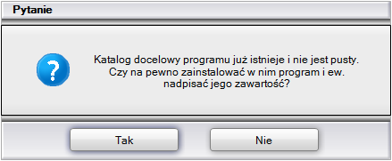 Jeśli program CAD Decor był już wcześniej zainstalowany we wskazanej lokalizacji, instalator poinformuje o tym fakcie i upewni się, że użytkownik chce zainstalować go ponownie w tym samym katalogu,