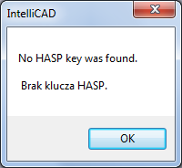 Aby możliwe było uruchomienie programu, po zakończeniu instalacji należy umieścić klucz HASP w porcie USB komputera. W przeciwnym razie zobaczą Państwo komunikat przedstawiony na rysunku obok (Rys.