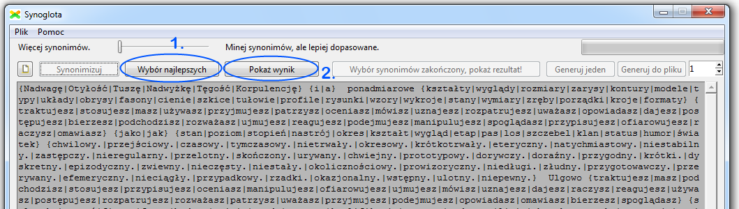 Automatyczna synonimizacja Po wprowadzeniu tekstu do edytora, ustawieniu interesującej nas jakości/ilości synonimów (2.) i uruchomieniu automatycznej synonimizacji (3.