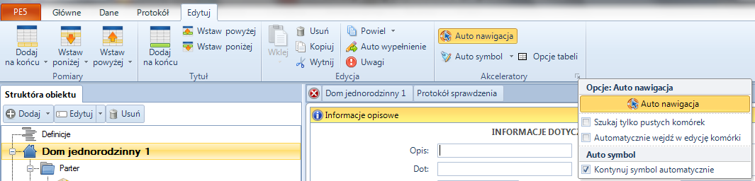 Edycja zestaw funkcji edycji komórek z wierszy pomiarowych, wierszy pomiarowych oraz wierszy tytułowych: Wklej wkleja zawartość schowka, Usuń usuwa zaznaczone z tabeli, Kopiuj kopiuje do schowka