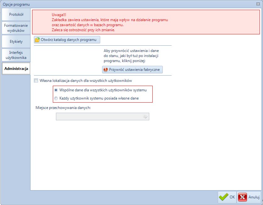 Zakładka Administracja umożliwia przywrócenie domyślnych danych programu. Przycisk Otwórz katalog danych programu otwiera katalog z domyślnymi danymi programu.