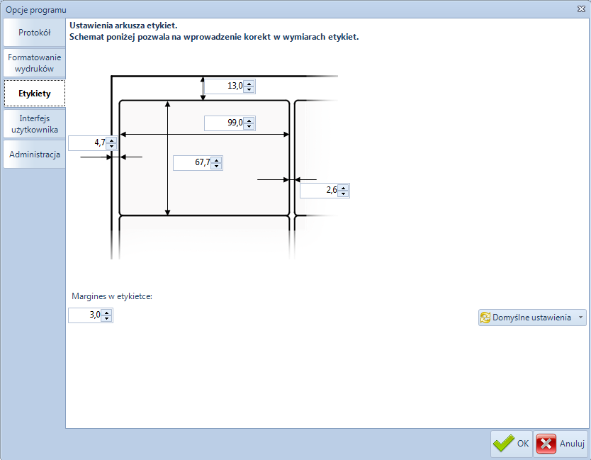 Zakładka Etykiety umożliwia wprowadzenie zmian w ustawieniach wydruku etykiet.