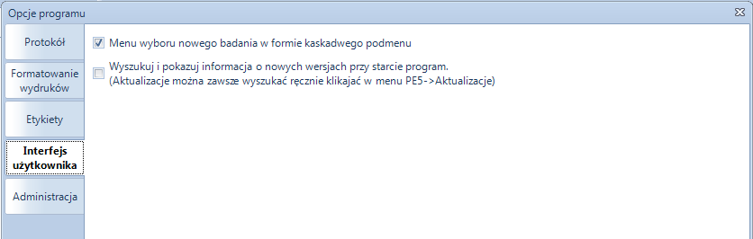 Zakładka Interfejs użytkownika umożliwia wyłączenie powiadomień o nowej wersji programu pojawiającego się podczas uruchamiania programów, oraz wybór