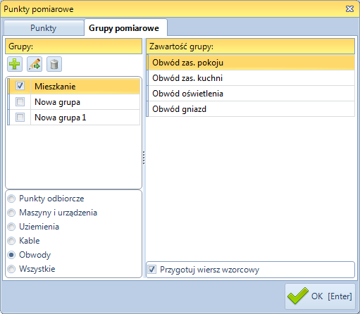 Zakładka Grupy pomiarowe umożliwia zarządzanie grupami punktów pomiarowych, co znacznie ułatwia wstawianie ich do protokołów.