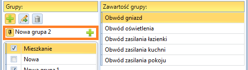 Zakładka zawiera listę grup wskazanej kategorii, kolumnę Zawartość grupy, pokazującą punkty pomiarowe przypisane do danej grupy pomiarowej, a także trzy przyciski umożliwiające dodanie nowej grupy