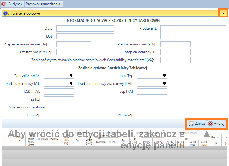 5.7.1. Informacje dotyczące rozdzielnicy tablicowej Informacje znajdują się nad tabelą z wynikami pomiarów w pasku Informacje opisowe.