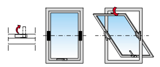 3 Okna obrotowe z poziomą osią obrotu Łożyska obrotowe okien obrotowych z poziomą osią obrotu są wyposażone w blokady, utrzymujące element w stanie otwarcia.