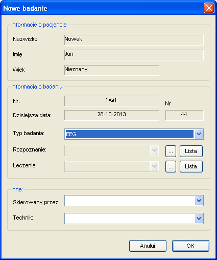 2.4.2 Nowe badanie 43 Rysunek 2.8: Lista badań pacjenta W sytuacji, kiedy wprowadziliśmy nowego pacjenta, który nie ma wykonanych żadnych badań, w oknie Badania wyświetli się komunikat: Brak badań. 2.4.2 Nowe badanie Aby rozpocząć nowe badanie w pierwszym kroku należy wprowadzić nowego pacjenta (rozdział 2.