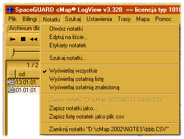 Menu Notatki: - Otwórz notatki Otwiera plik notatek użytkownika i wyświetla je na mapie - Edytuj na liście Pozwala dokonywać zmian w notatkach w oknie dialogowym, nie na mapie - Etykiety notatek