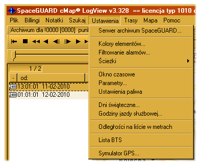 Menu Ustawienia: - Serwer archiwum SpaceGUARD... Umożliwia zdefiniowanie parametrów dostępu do serwera usługi lokalizacji pojazdów SpaceGUARD GPRS.